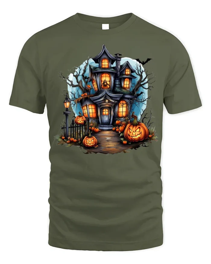 Halloween Haunted House T-Shirt with Pumpkin Path - military green t-shirt on white background