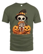 Halloween Cute Skeleton T-Shirt with Pumpkin Duo - military green t-shirt on white background