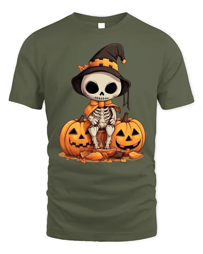 Halloween Cute Skeleton T-Shirt with Pumpkin Duo - military green t-shirt on white background