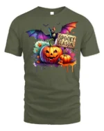Halloween Spooky Season T-Shirt with Pumpkin Bat - military green t-shirt on white background