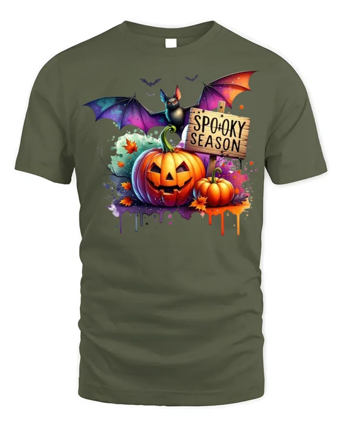 Halloween Spooky Season T-Shirt with Pumpkin Bat - military green t-shirt on white background