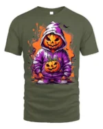 Halloween Pumpkin Hoodie T-Shirt Cool Spooky Style - military green t-shirt on white background