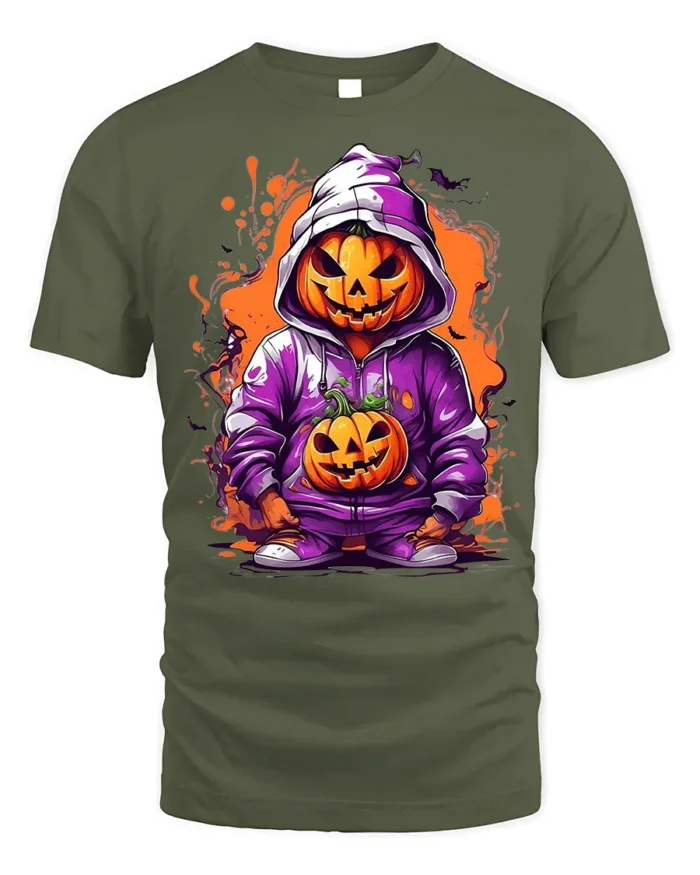 Halloween Pumpkin Hoodie T-Shirt Cool Spooky Style - military green t-shirt on white background