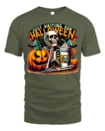 Halloween Skeleton T-Shirt Just Waiting Pumpkin Cup - military green t-shirt on white background