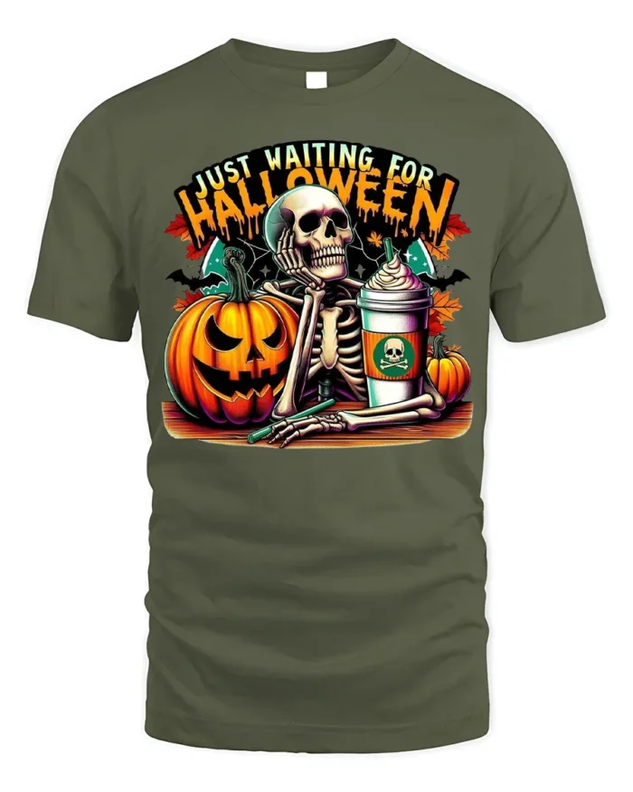 Halloween Skeleton T-Shirt Just Waiting Pumpkin Cup - military green t-shirt on white background