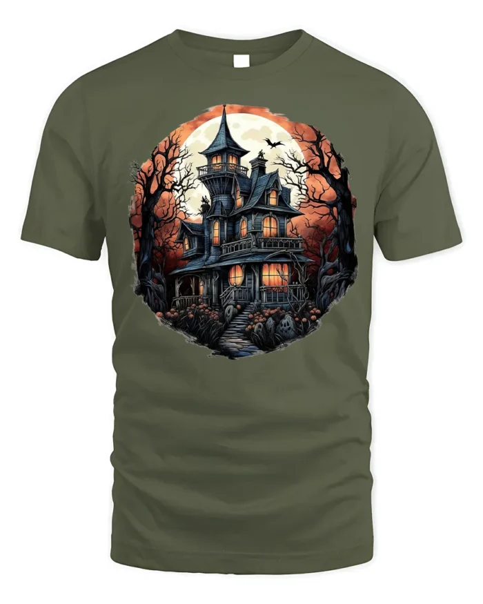 Halloween Haunted Mansion T-Shirt Spooky Moon Night - military green t-shirt on white background