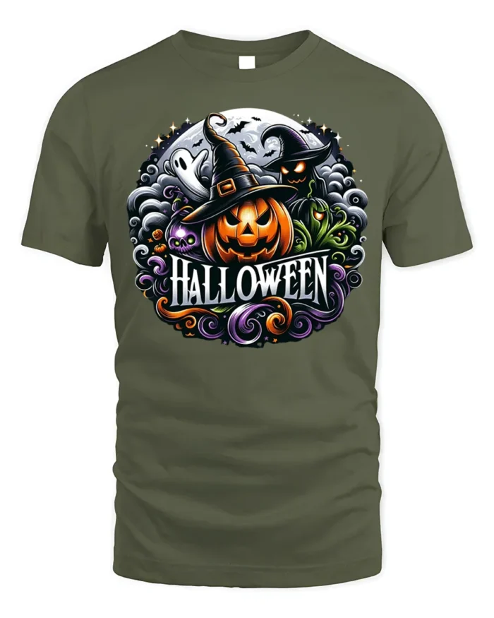 Halloween Pumpkin Witch T-Shirt Spooky Ghost Design - military green t-shirt on white background