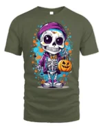 Halloween Cute Skeleton T-Shirt with Pumpkin Bag - military green t-shirt on white background