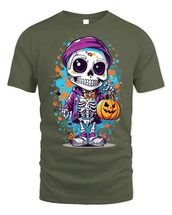 Halloween Cute Skeleton T-Shirt with Pumpkin Bag - military green t-shirt on white background