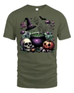 Halloween Skull Pumpkin Cauldron T-Shirt Creepy Fun - military green t-shirt on white background