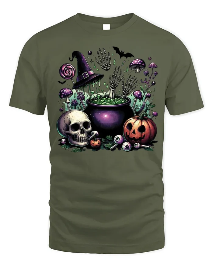 Halloween Skull Pumpkin Cauldron T-Shirt Creepy Fun - military green t-shirt on white background