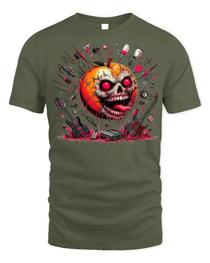 Halloween Evil Pumpkin Skull T-Shirt Horror Rock Style - military green t-shirt on white background