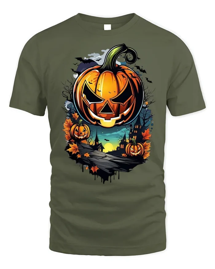 Halloween Jack O Lantern T-Shirt Haunted Night Scene - military green t-shirt on white background