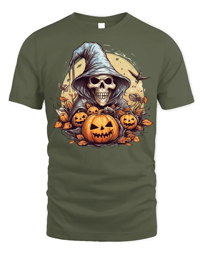 Halloween Grim Reaper Pumpkin T-Shirt Spooky Night - military green t-shirt on white background