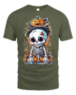 Halloween Cute Skeleton Pumpkin T-Shirt Spooky Fun - military green t-shirt on white background