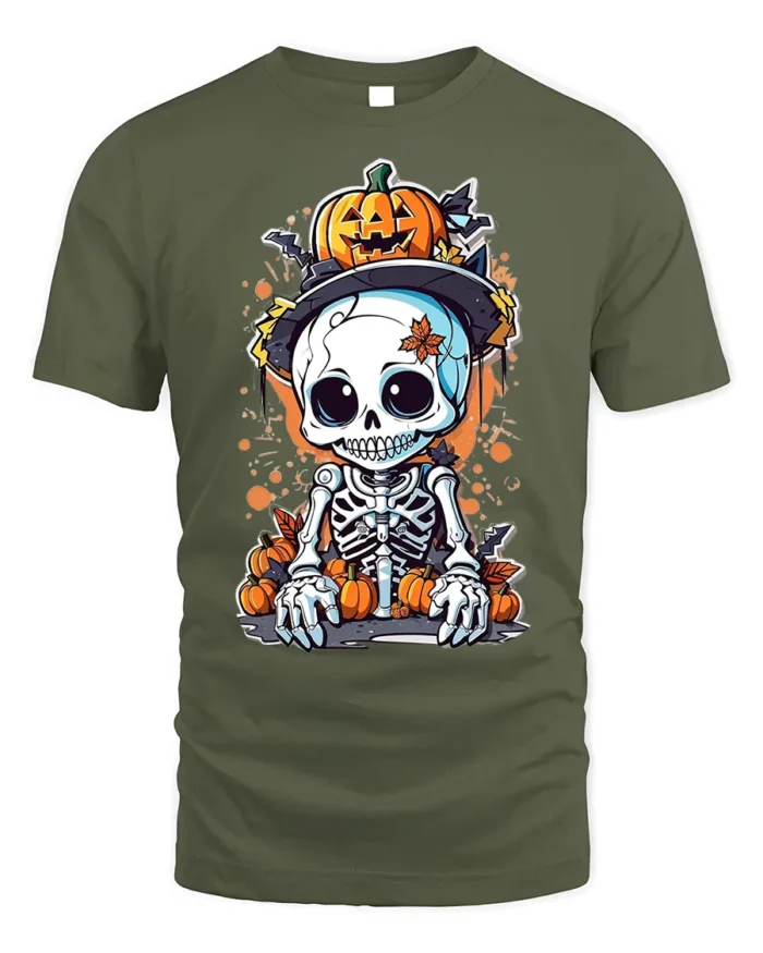 Halloween Cute Skeleton Pumpkin T-Shirt Spooky Fun - military green t-shirt on white background
