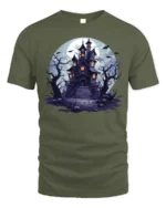 Halloween Haunted House T-Shirt Spooky Night Scene - military green t-shirt on white background