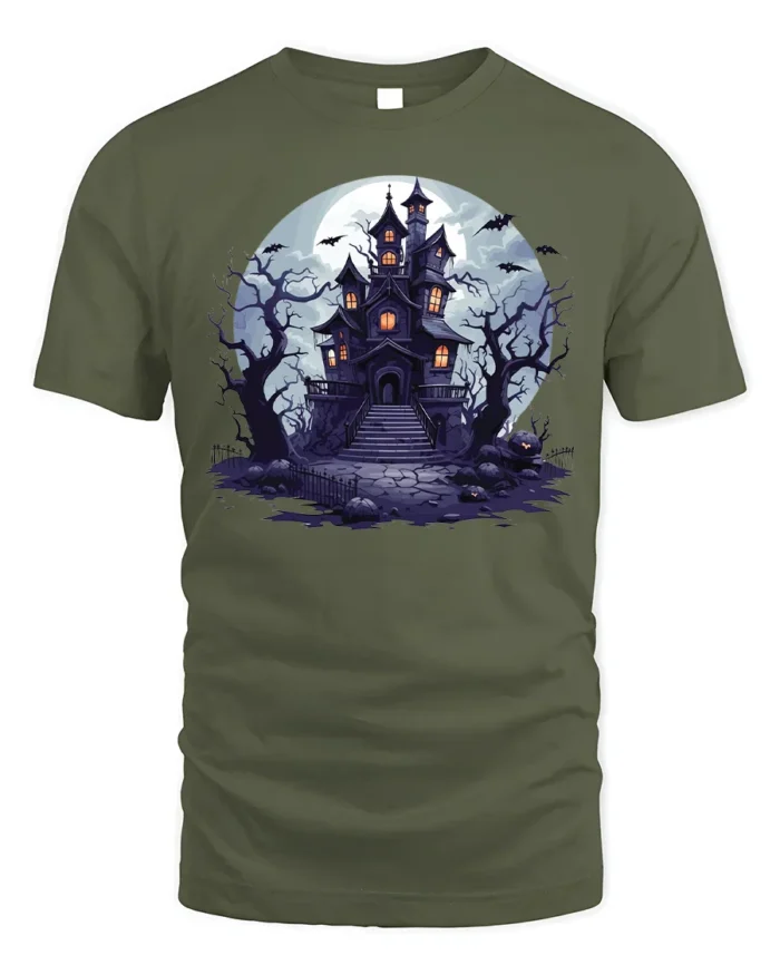 Halloween Haunted House T-Shirt Spooky Night Scene - military green t-shirt on white background