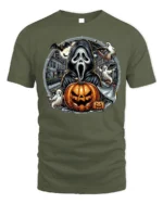 Halloween Ghost Face Pumpkin T-Shirt Scary Night - military green t-shirt on white background