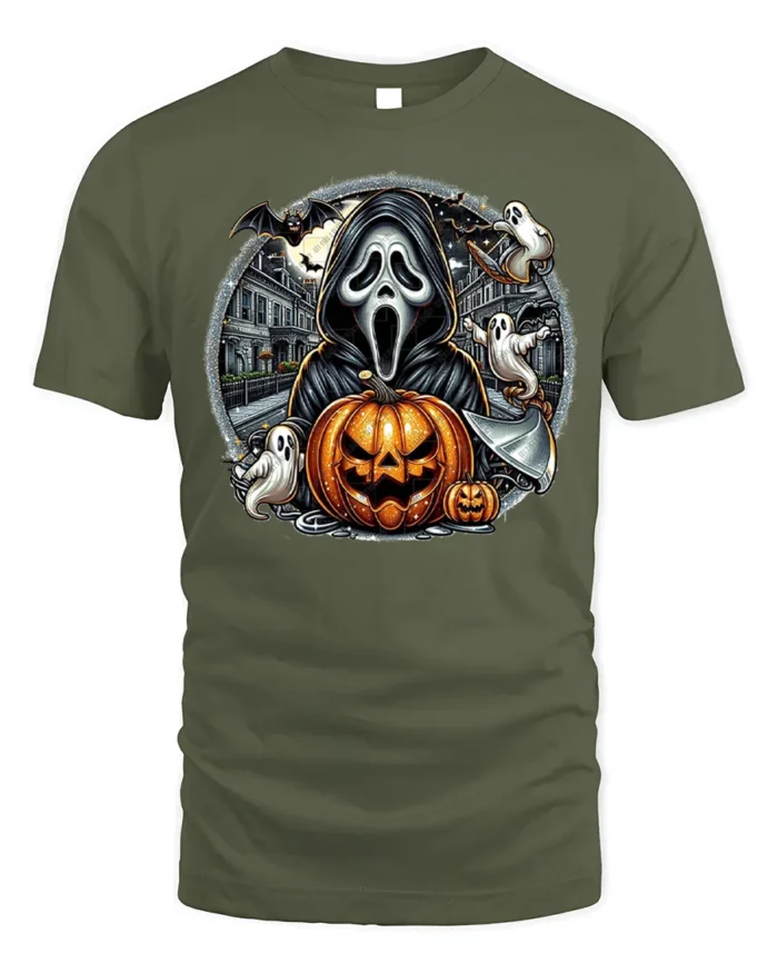 Halloween Ghost Face Pumpkin T-Shirt Scary Night - military green t-shirt on white background
