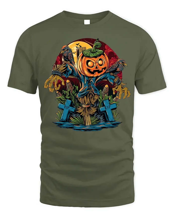 Halloween Scarecrow Pumpkin T-Shirt Creepy Graveyard - military green t-shirt on white background