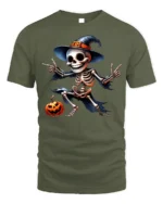 Halloween Dancing Skeleton T-Shirt Funny Pumpkin Hat - military green t-shirt on white background