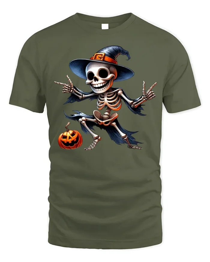 Halloween Dancing Skeleton T-Shirt Funny Pumpkin Hat - military green t-shirt on white background