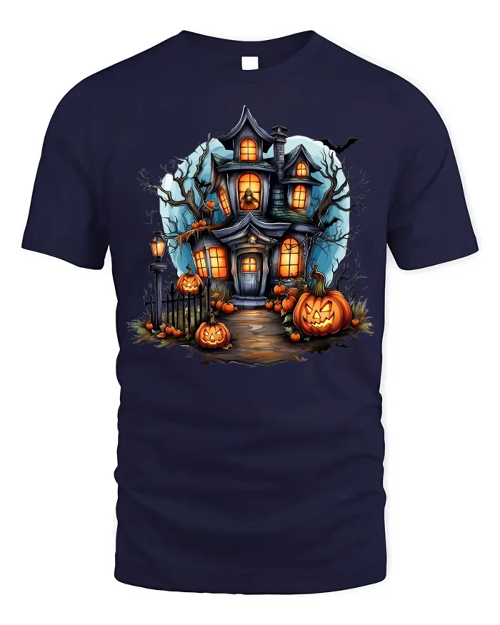 Halloween Haunted House T-Shirt with Pumpkin Path - navy t-shirt on white background