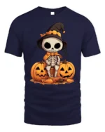 Halloween Cute Skeleton T-Shirt with Pumpkin Duo - navy t-shirt on white background