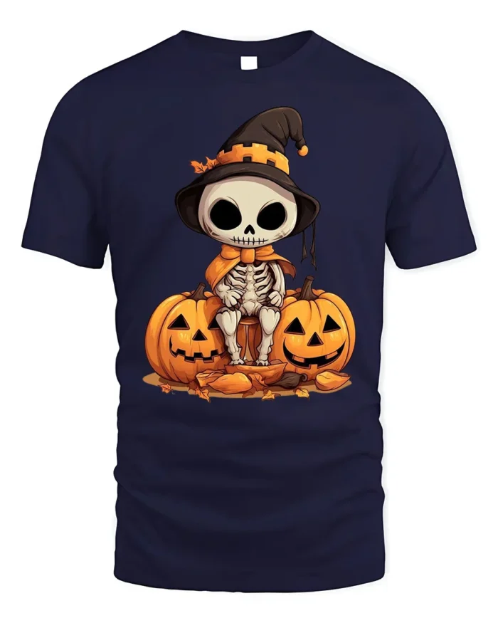 Halloween Cute Skeleton T-Shirt with Pumpkin Duo - navy t-shirt on white background