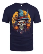 Halloween Skull Witch T-Shirt with Pumpkins and Moon - navy t-shirt on white background
