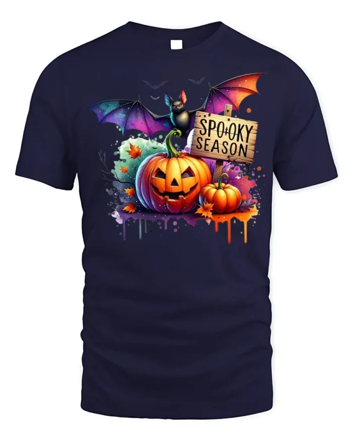 Halloween Spooky Season T-Shirt with Pumpkin Bat - navy t-shirt on white background