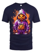 Halloween Pumpkin Hoodie T-Shirt Cool Spooky Style - navy t-shirt on white background