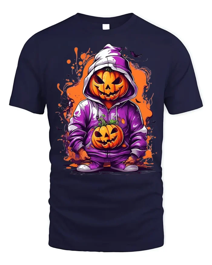Halloween Pumpkin Hoodie T-Shirt Cool Spooky Style - navy t-shirt on white background