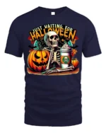 Halloween Skeleton T-Shirt Just Waiting Pumpkin Cup - navy t-shirt on white background