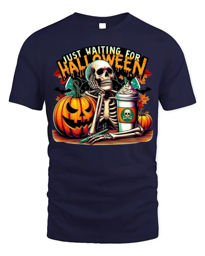 Halloween Skeleton T-Shirt Just Waiting Pumpkin Cup - navy t-shirt on white background