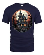 Halloween Haunted Mansion T-Shirt Spooky Moon Night - navy t-shirt on white background