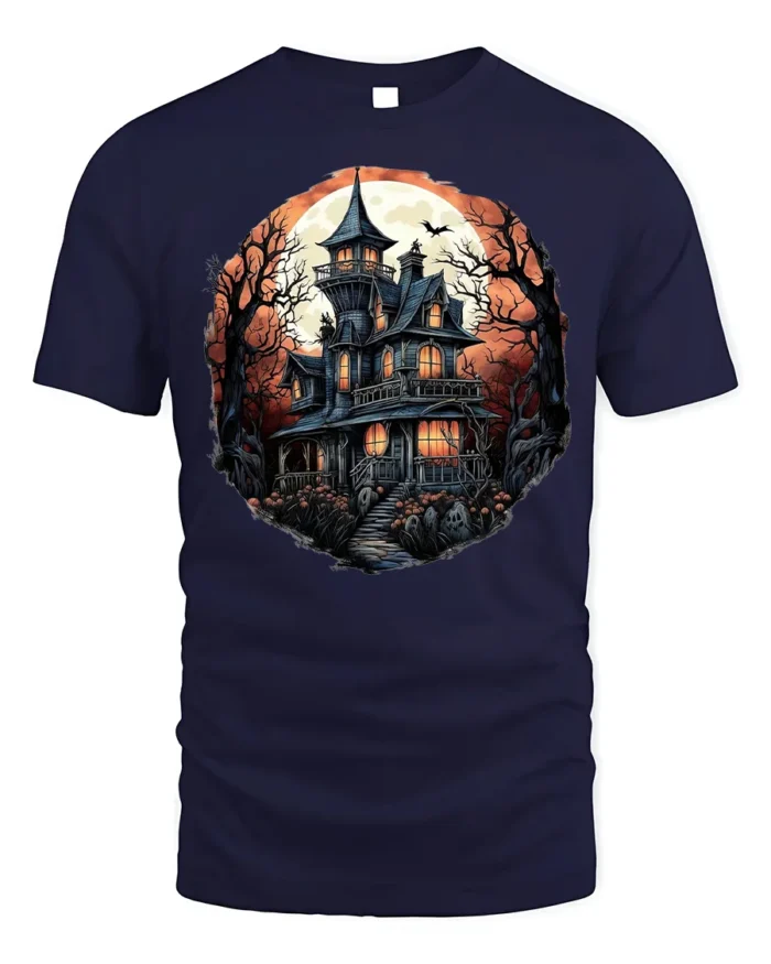 Halloween Haunted Mansion T-Shirt Spooky Moon Night - navy t-shirt on white background