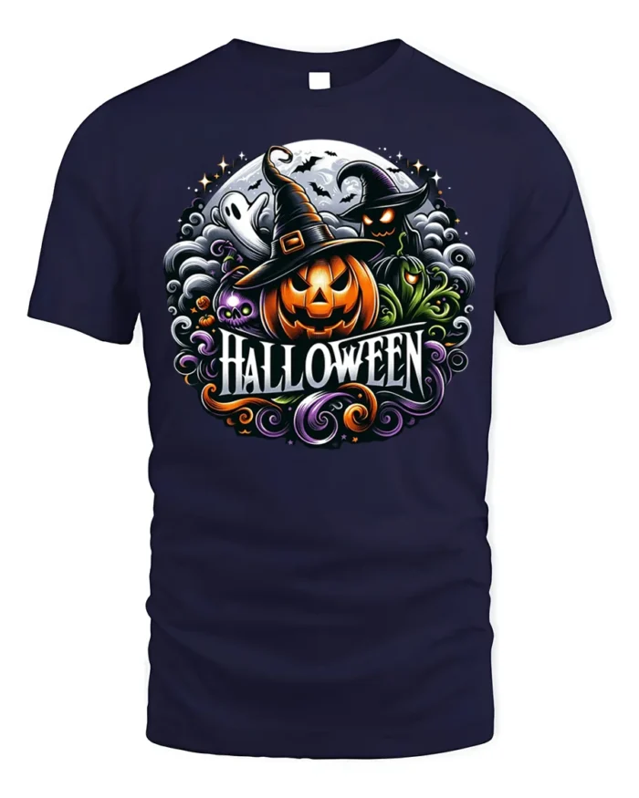 Halloween Pumpkin Witch T-Shirt Spooky Ghost Design - navy t-shirt on white background