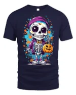 Halloween Cute Skeleton T-Shirt with Pumpkin Bag - navy t-shirt on white background
