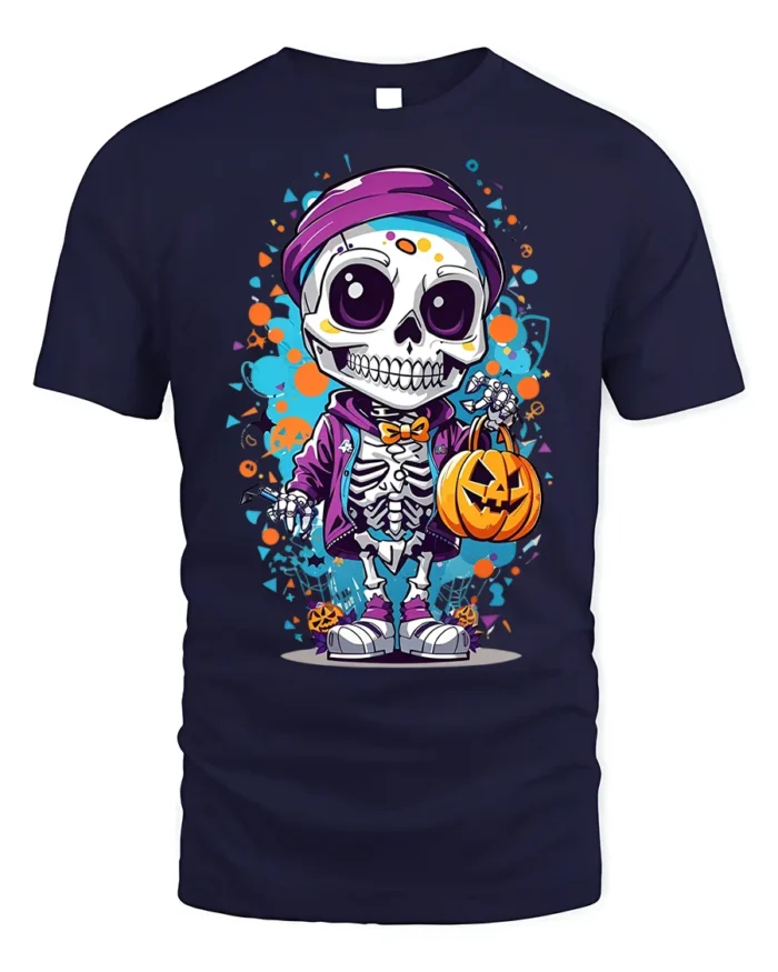 Halloween Cute Skeleton T-Shirt with Pumpkin Bag - navy t-shirt on white background