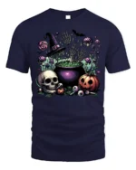 Halloween Skull Pumpkin Cauldron T-Shirt Creepy Fun - navy t-shirt on white background