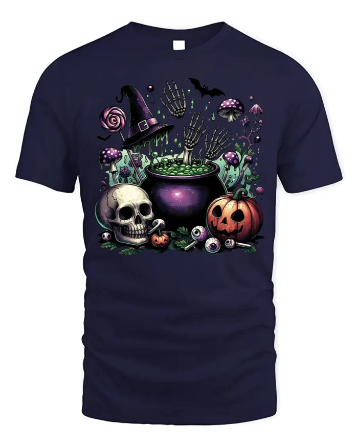 Halloween Skull Pumpkin Cauldron T-Shirt Creepy Fun - navy t-shirt on white background