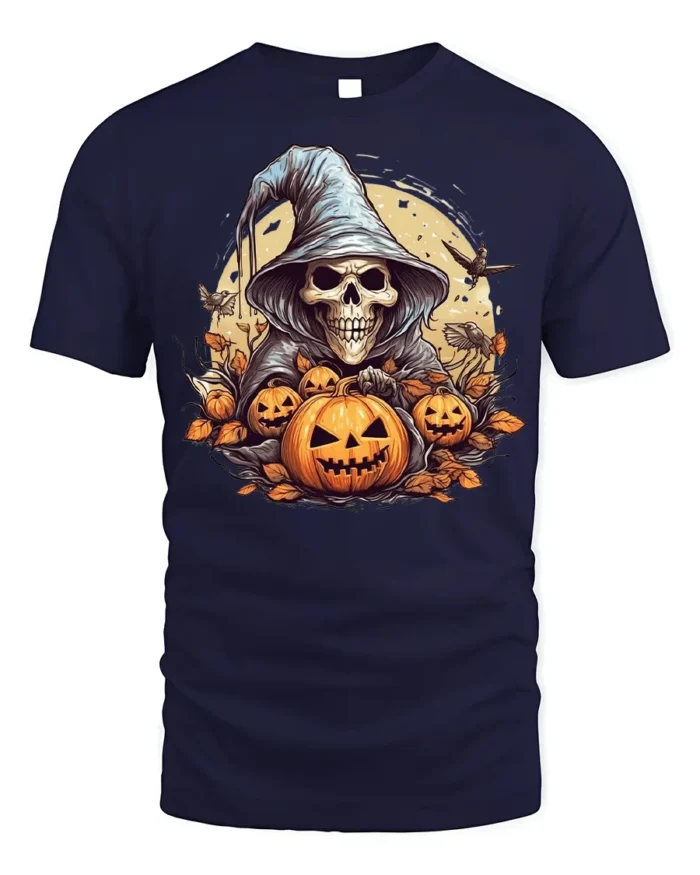 Halloween Grim Reaper Pumpkin T-Shirt Spooky Night - navy t-shirt on white background