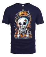 Halloween Cute Skeleton Pumpkin T-Shirt Spooky Fun - navy t-shirt on white background
