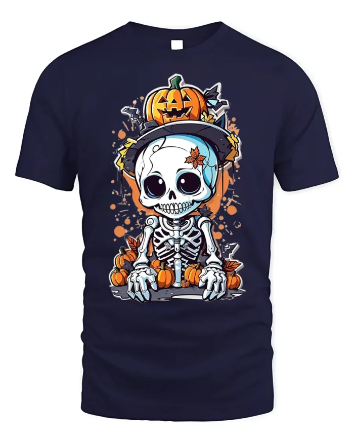 Halloween Cute Skeleton Pumpkin T-Shirt Spooky Fun - navy t-shirt on white background