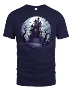 Halloween Haunted House T-Shirt Spooky Night Scene - navy t-shirt on white background