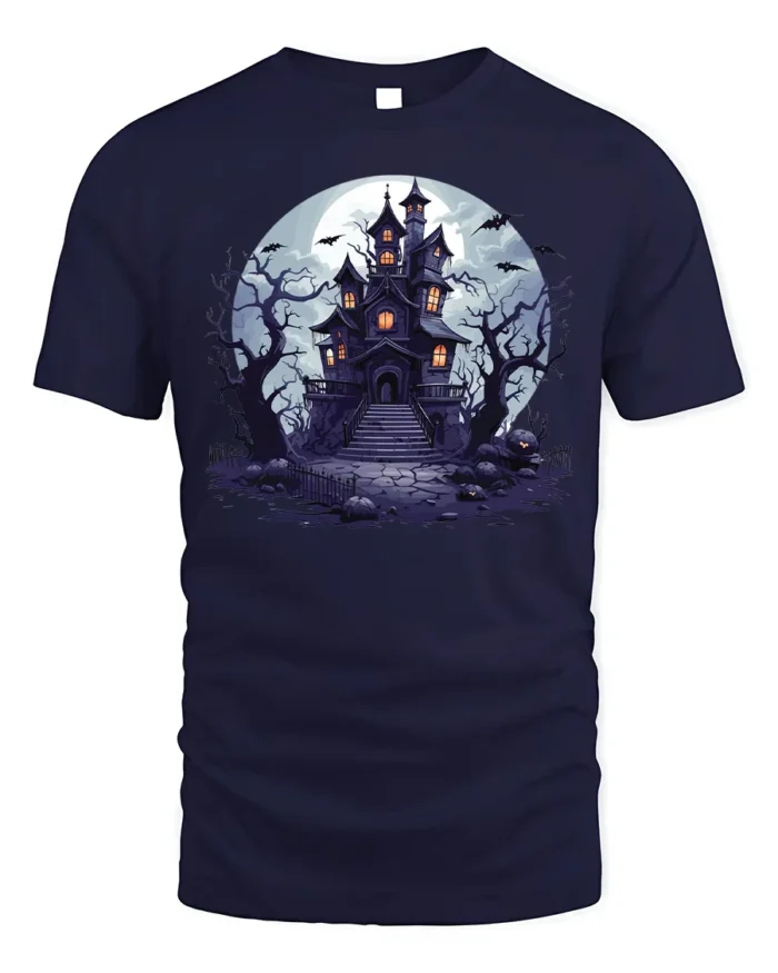 Halloween Haunted House T-Shirt Spooky Night Scene - navy t-shirt on white background
