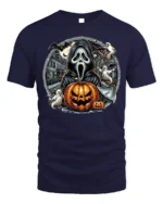 Halloween Ghost Face Pumpkin T-Shirt Scary Night - navy t-shirt on white background