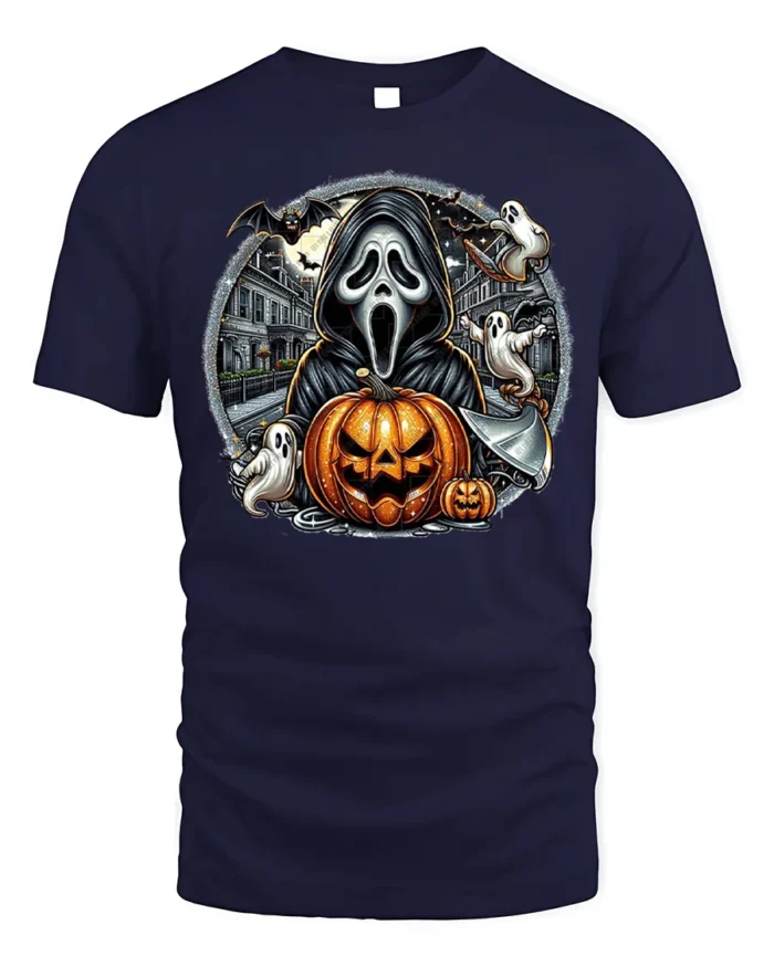 Halloween Ghost Face Pumpkin T-Shirt Scary Night - navy t-shirt on white background
